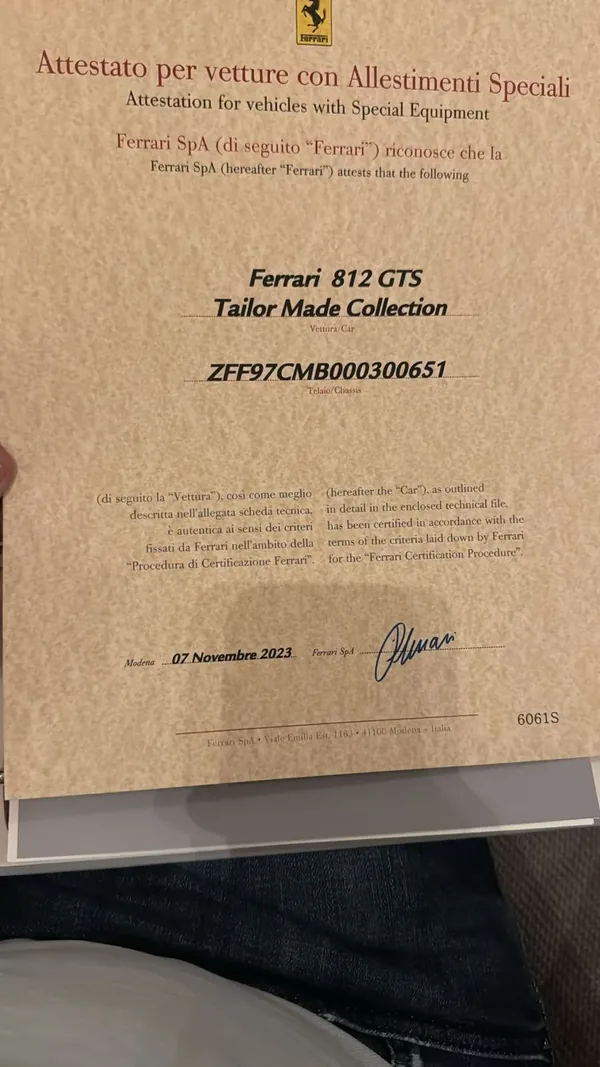 Ferrari’s Tailor Made certificate for the 812 GTS, chassis ZFF97CMB000300651