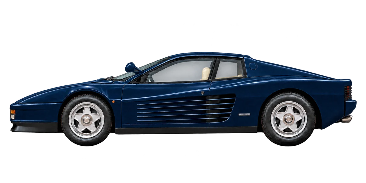 Illustration based on recorded specification. Early-model mirror and wheels are illustrative; exact fitted equipment remains unconfirmed.
