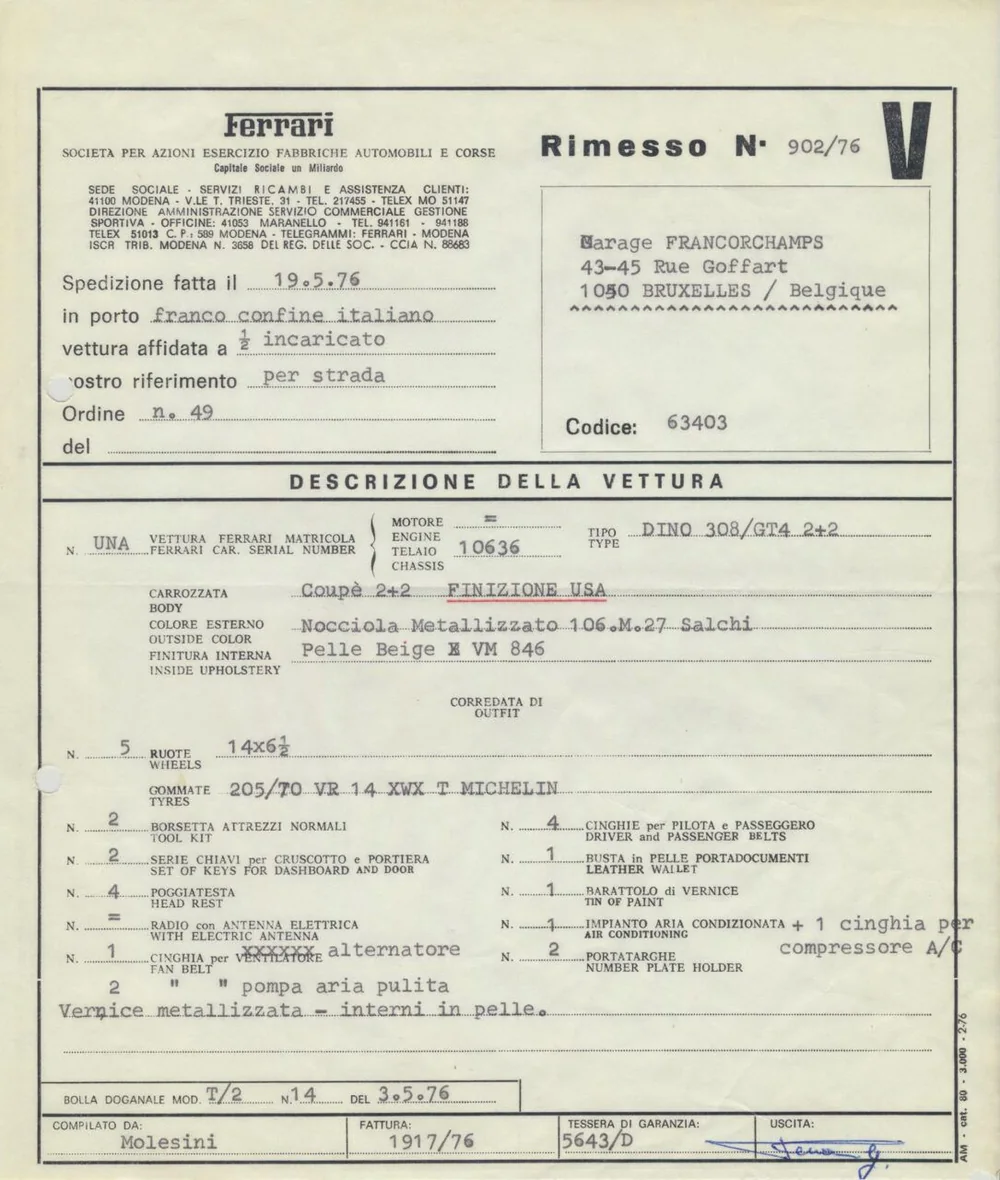 The 1976 factory dispatch sheet for Dino 308 GT4 chassis 10636, addressed to Garage Francorchamps in Brussels. It records the colour as Nocciola Metallizzato, with beige leather.