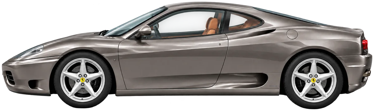 Side-profile illustration of a metallic grey Ferrari 360 Modena F1 with Cuoio upholstery, based on the supplied photographs and recorded specification of chassis 118037.