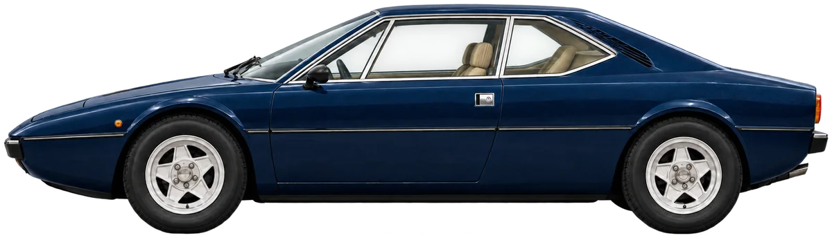 Illustrated left-side view of Ferrari 308 GT4 chassis 13462 in recorded Blu Sera, with beige interior and silver five-spoke wheels