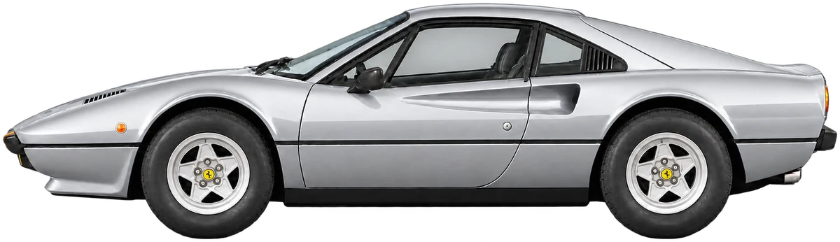 Model illustration of the silver Ferrari 308 GTB Vetroresina, chassis 19169, in profile with an empty black interior