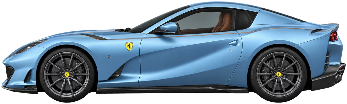 Model illustration of the light blue 812 GTS, chassis 300651, in profile with its roof closed and a copper stripe along the flank