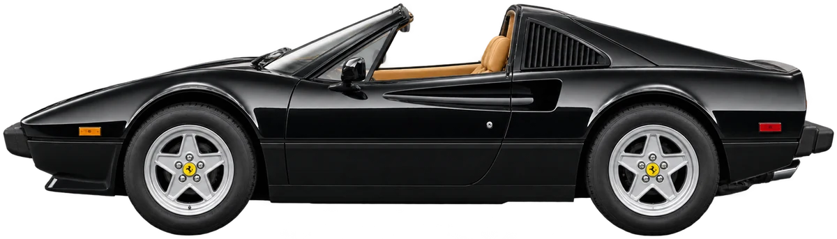Model illustration of the black 308 GTS Quattrovalvole, chassis 51665, in profile with its roof panel off, tan seats and black US bumpers