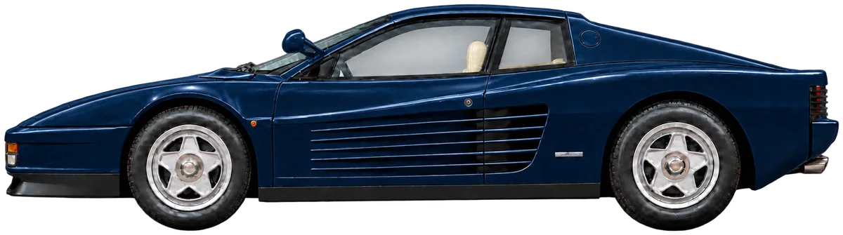 Illustrated left-facing side profile of an early Testarossa in recorded Blu Sera Metallizzato with a Crema cabin; mirror and wheels are illustrative.